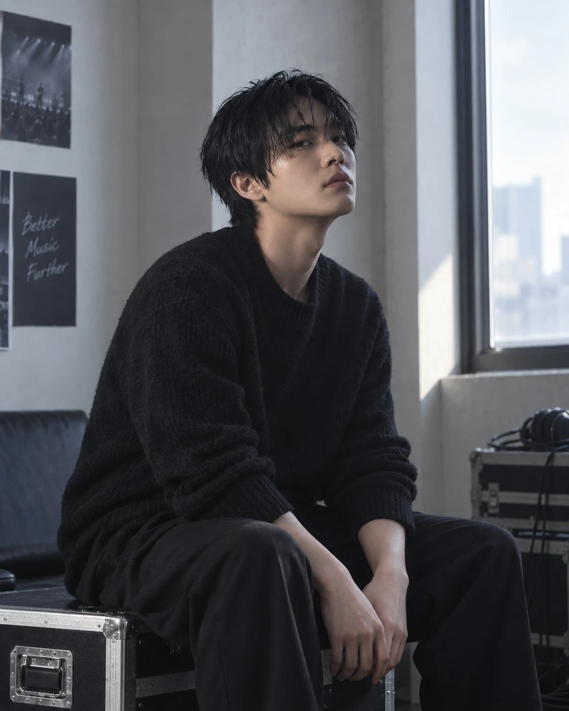 리허설룸 자연광 아래 앉아 있는 NOIR WAVE의 차분한 에디토리얼 초상 사진