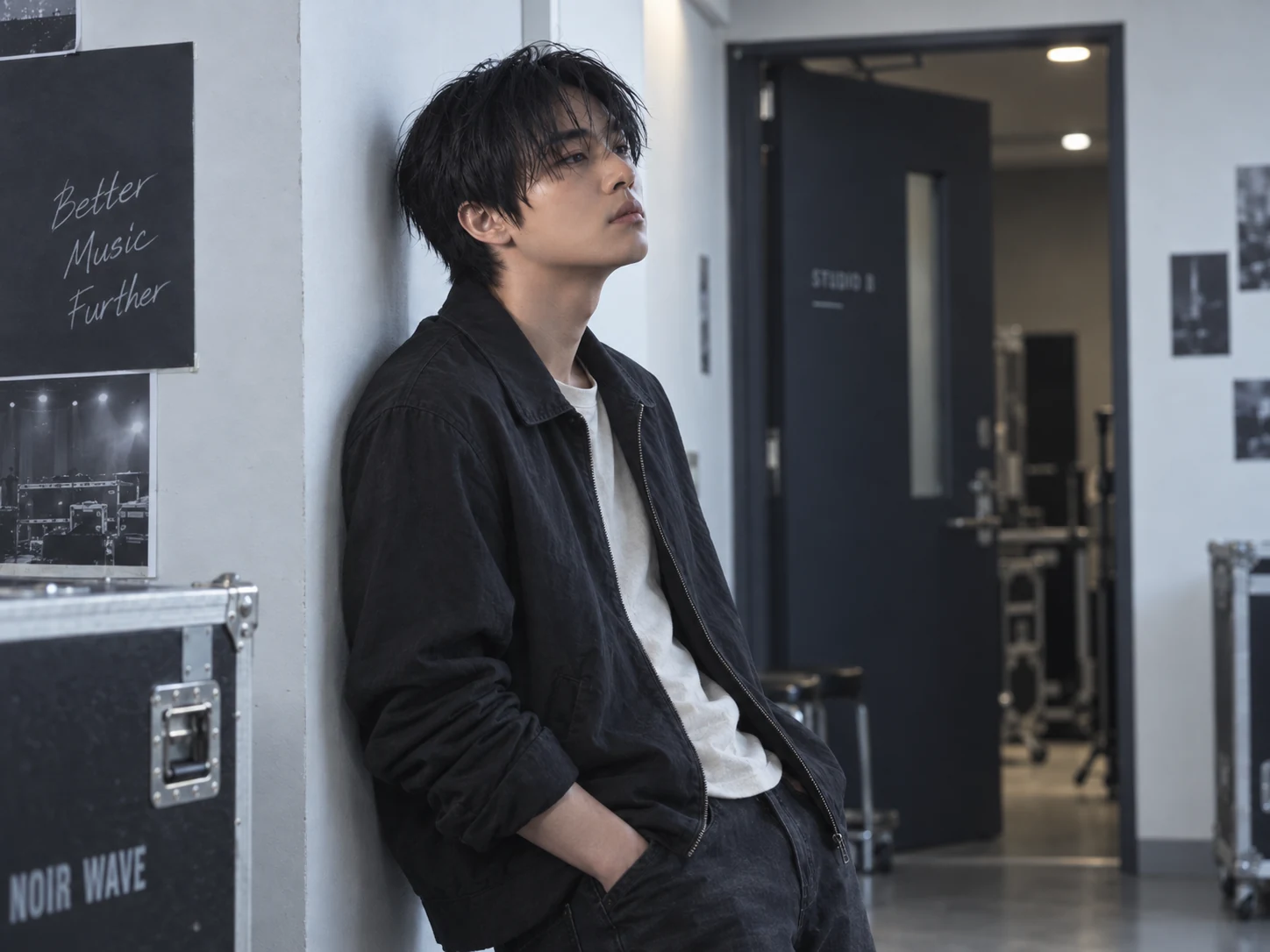 스튜디오 복도 공간에서 벽에 기대 선 NOIR WAVE의 에디토리얼 프로필 사진