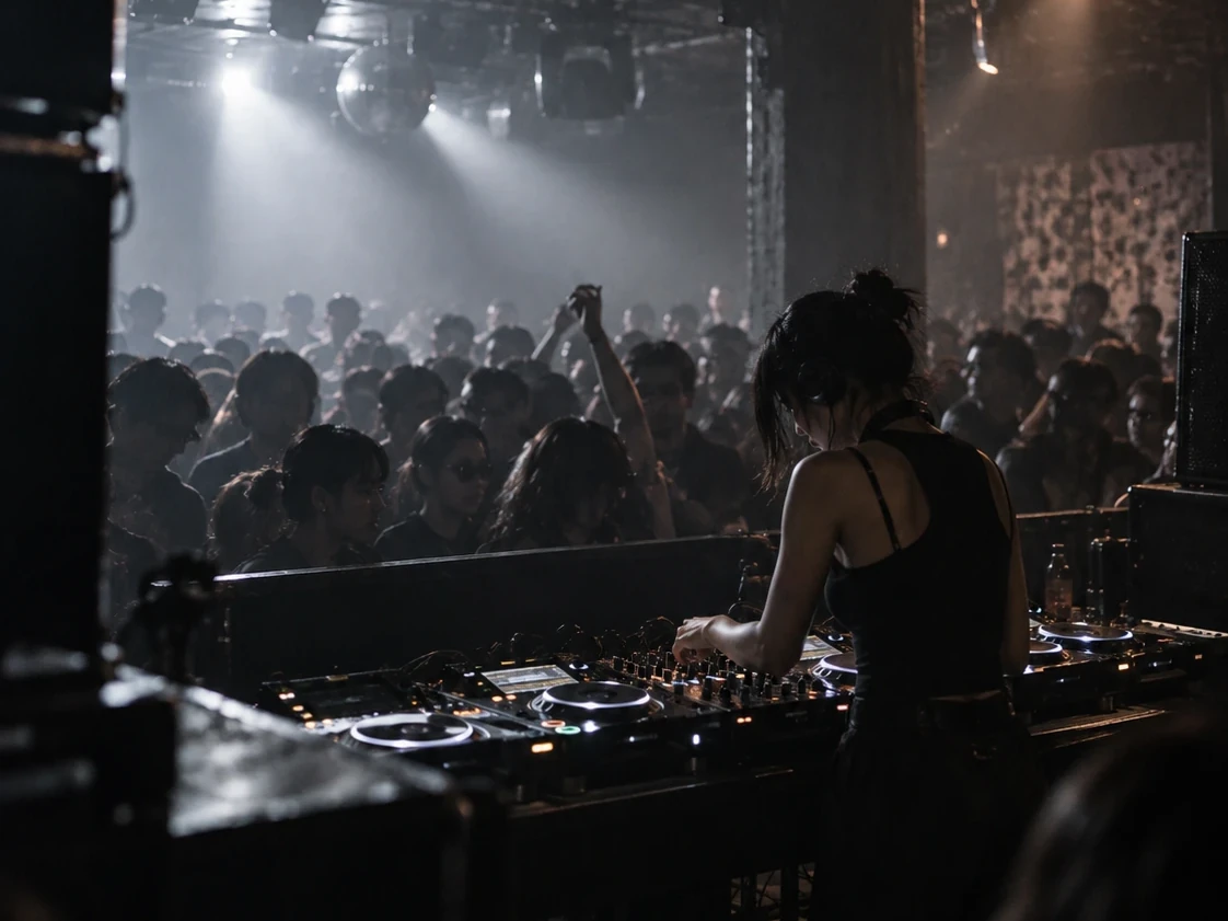 A DJ at the decks in a smoky underground club, lit by spotlights above a packed crowd.