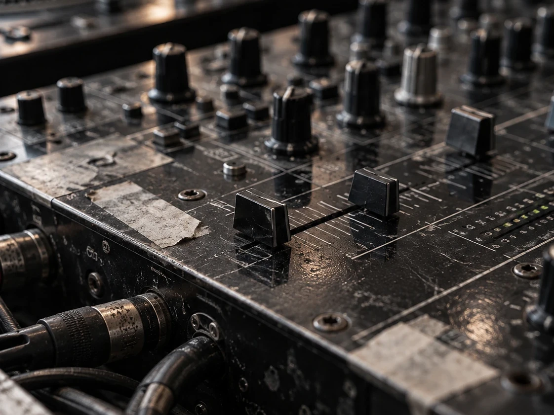 Close-up of a worn DJ mixer with knobs, faders, tape labels and tangled cables beside a turntable.