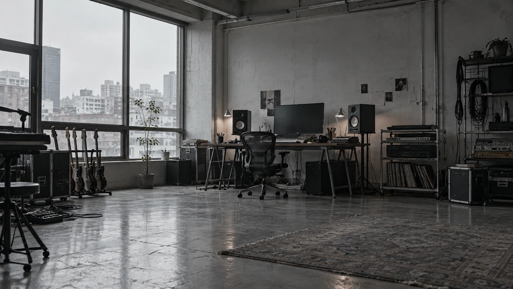 An empty music studio with tall windows over a gray city skyline, guitars on stands, a desk with a monitor and speakers, and a worn rug on a concrete floor.
