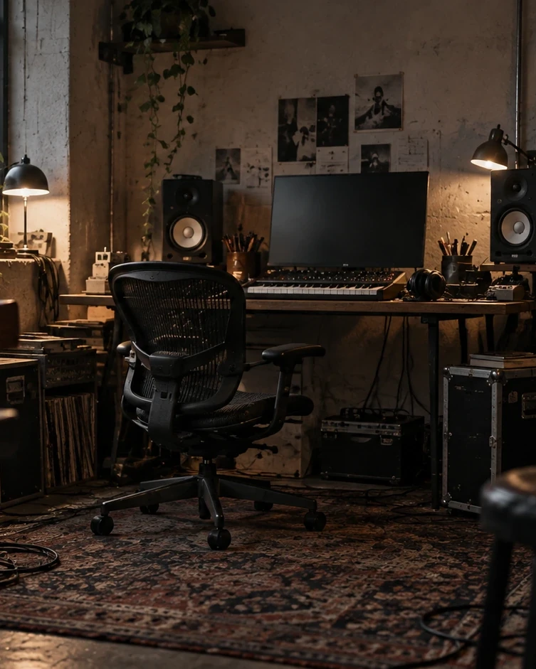 A corner of a working music studio in warm lamp light: a desk with a monitor, keyboard and speakers, an office chair, flight cases and racks of gear on a patterned rug.