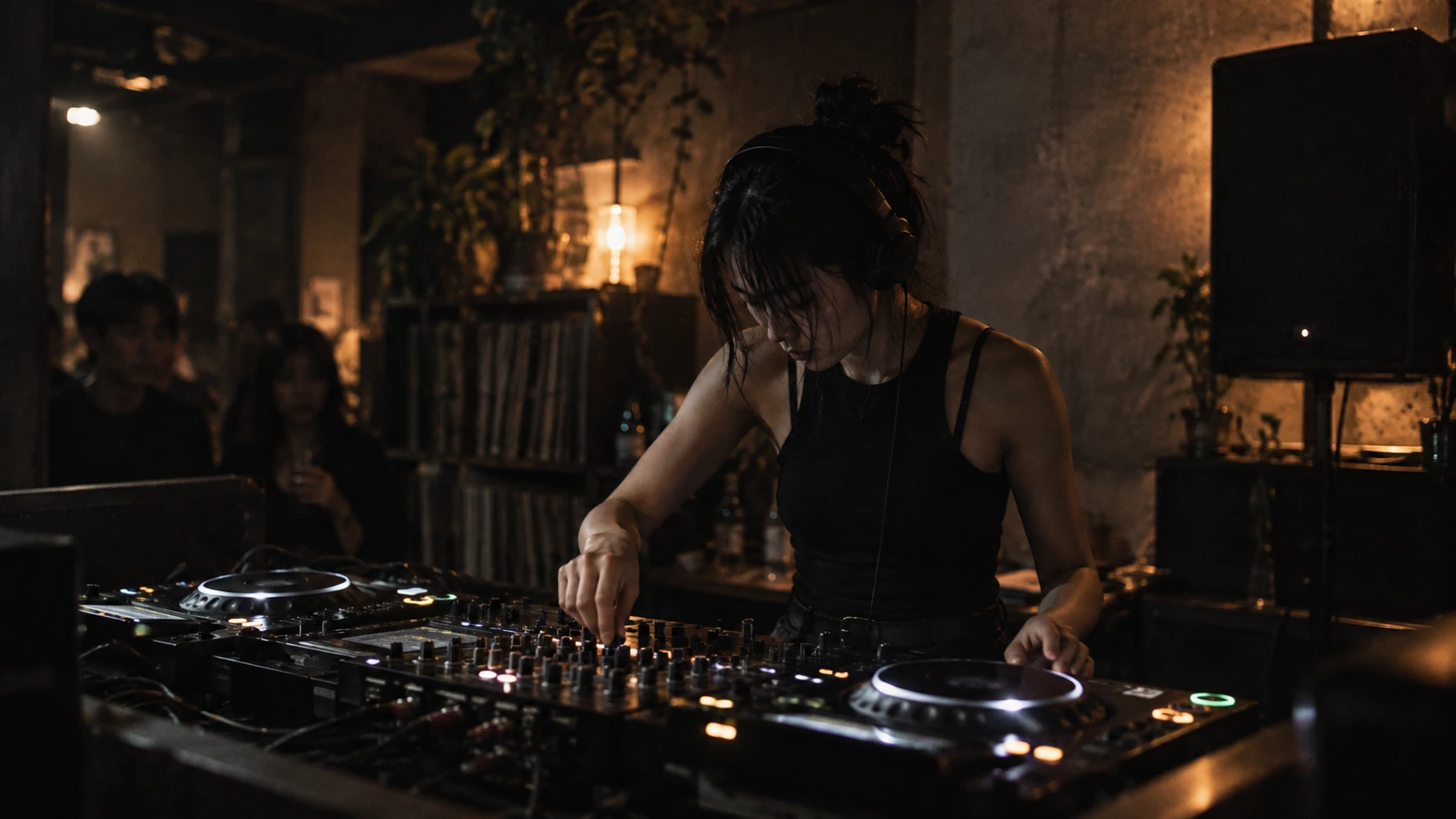 Small Room Session poster — a DJ working two decks in a dim, compact room with shelves of records behind.