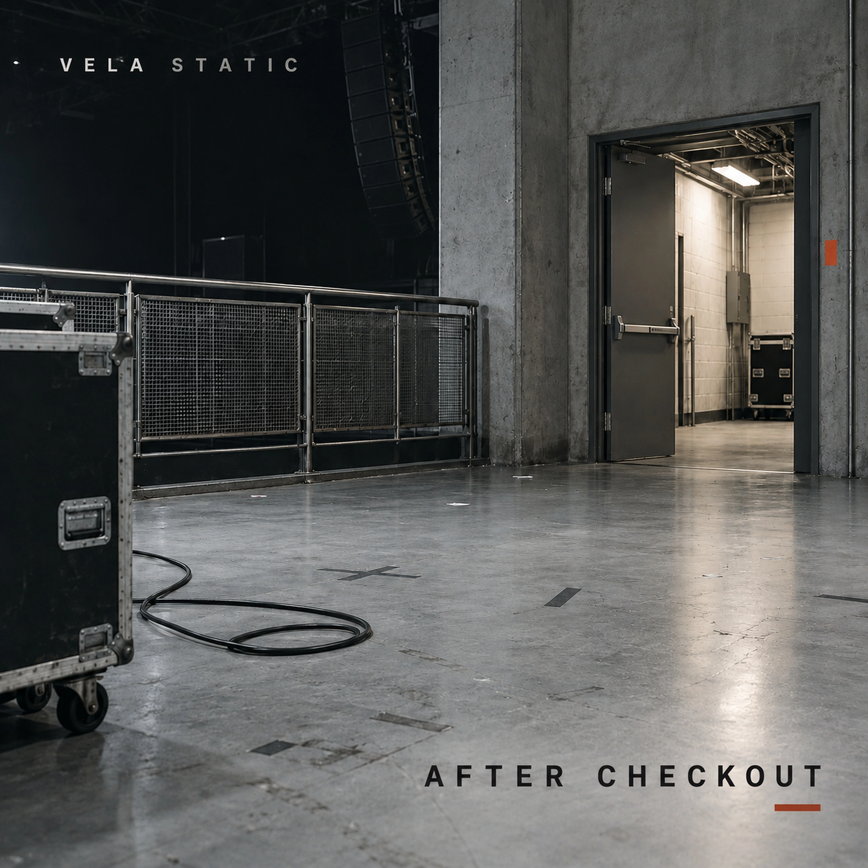 AFTER CHECKOUT EP cover artwork — an empty backstage corridor with a flight case, a metal railing and an open service door.