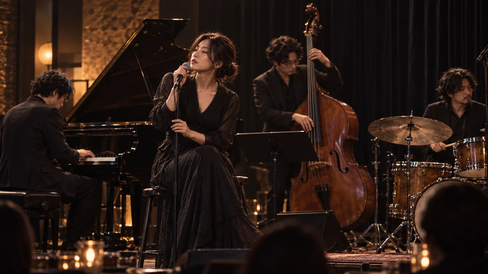 Jazz club stage scene featuring YUNA VALE.